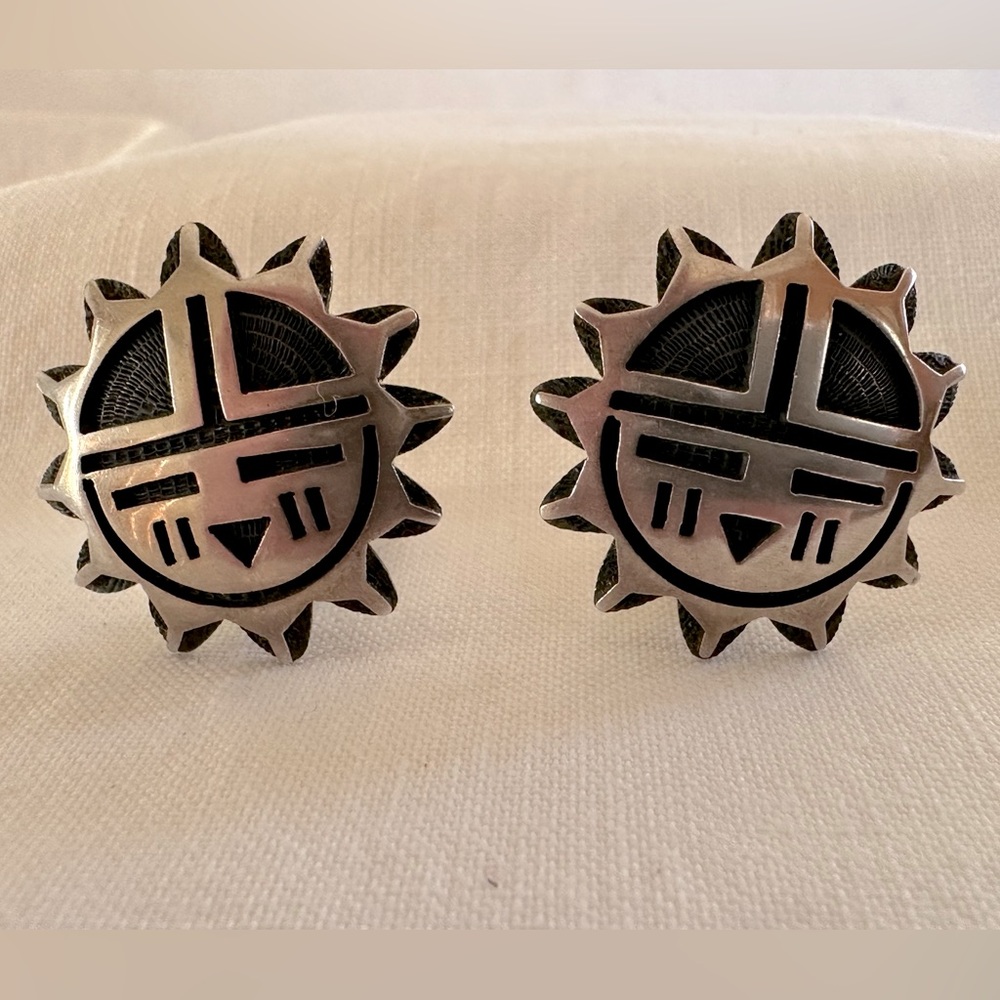 Vintage Coin Silver Native American Sunface Clip Earrings